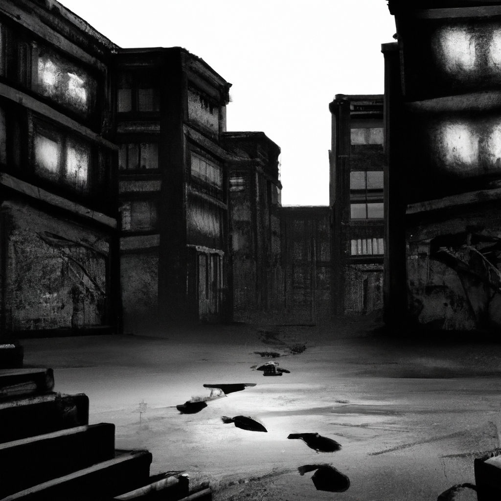 Wide shot of footsteps on the ground leading into a mysterious decrepit town block, black and white illustration style